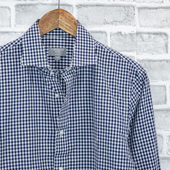 Club Monaco Men's Slim Fit Button up Shirt in Blue ginham check size Small - Picture 3 of 5